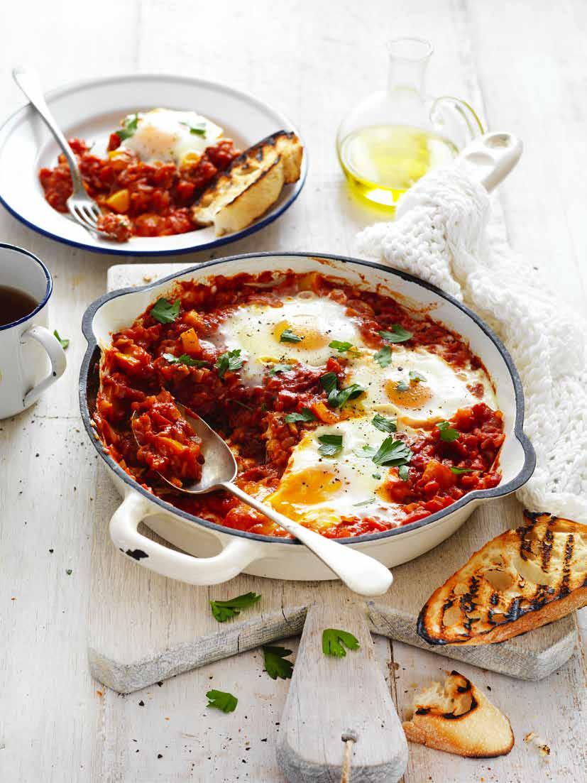 Tomato and Capsicum Pan Eggs Prep: 15 mins Cooking: 30 mins SERVES: 4 2 tbs olive oil 1 small brown onion, finely chopped 3 garlic cloves, finely chopped 1 tsp ground cumin 1 small red or yellow