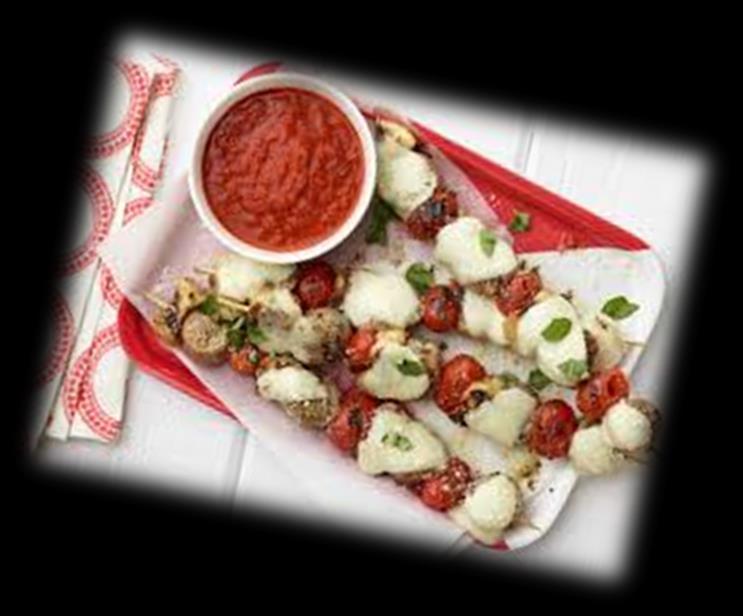 Humble Pizza Skewers In this mash-up recipe, pizza meets kebabs on the grill. For little kids: Let them dump the ingredients into the bowl, stir them up and tear the basil leaves over the skewers.