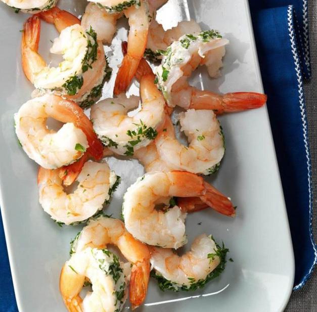 PARSLEY BLUE CHEESE SHRIMP 11 3 ounces cream cheese, softened 2/3 cup minced fresh parsley, divided 1/4 cup crumbled blue cheese 1 teaspoon chopped shallot 1/2 teaspoon Creole mustard 24 cooked jumbo