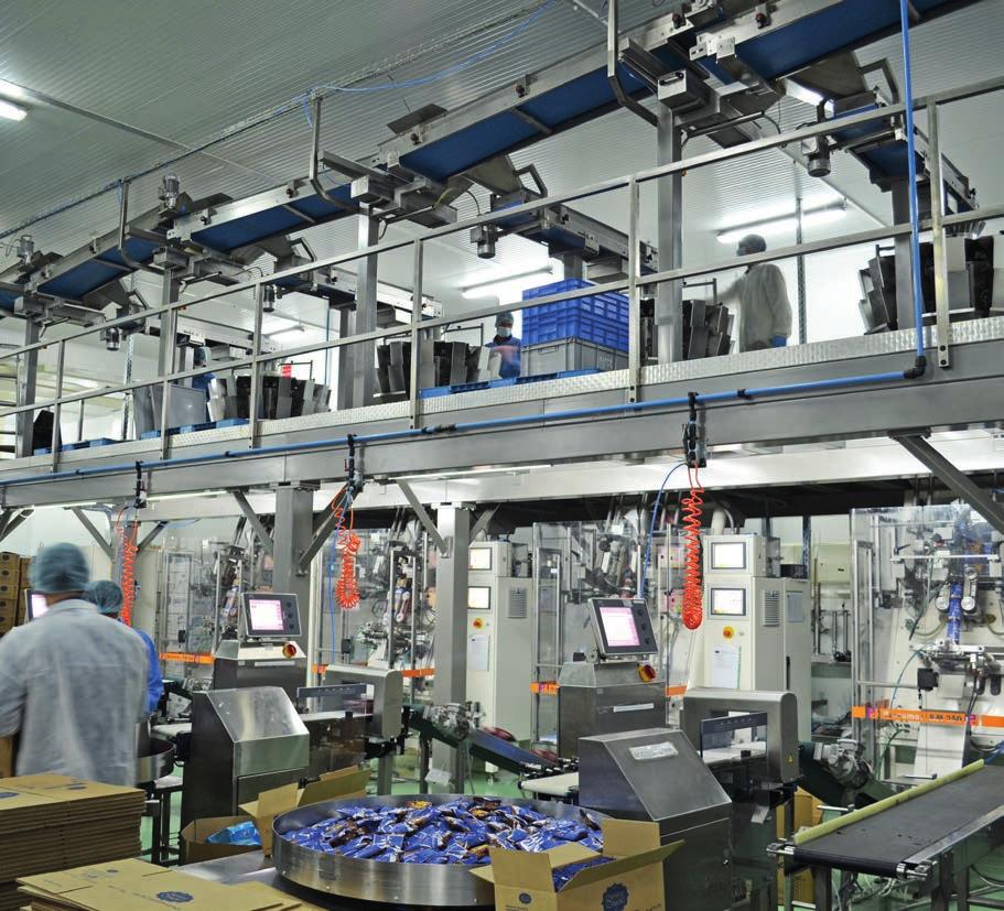via a central distribution system and then gently packed by the baggers. Six packaging lines comprising multihead weighers and vertical baggers pack three to four tons of snacks an hour.