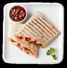 Saturated fat (g) 2,6 11,2 2,7 11,4 2 8 Dietary fibre (g) 2,8 12,1 3,3 14 2 8 Total Sodium (mg) 191 815 285 1218 238 1017 SALSA QUESADILLA INGREDIENTS: white cheddar, red pepper, salsa (red onion,