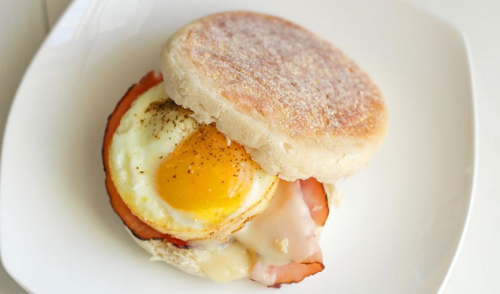 BREAKFASTS Recipe makes 6 servings Make Ahead Breakfast Sandwiches Nonstick cooking spray 6 large eggs 6 slices deli ham 6 slices Swiss cheese (optional) 6