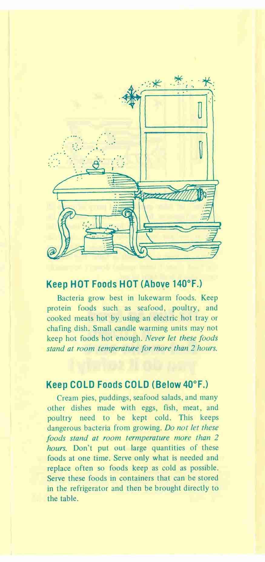 Keep HOT Foods HOT (Above 140 F.) Bacteria grow best in lukewarm foods. Keep protein foods such as seafood, poultry, and cooked meats hot by using an electric hot tray or chafing dish.