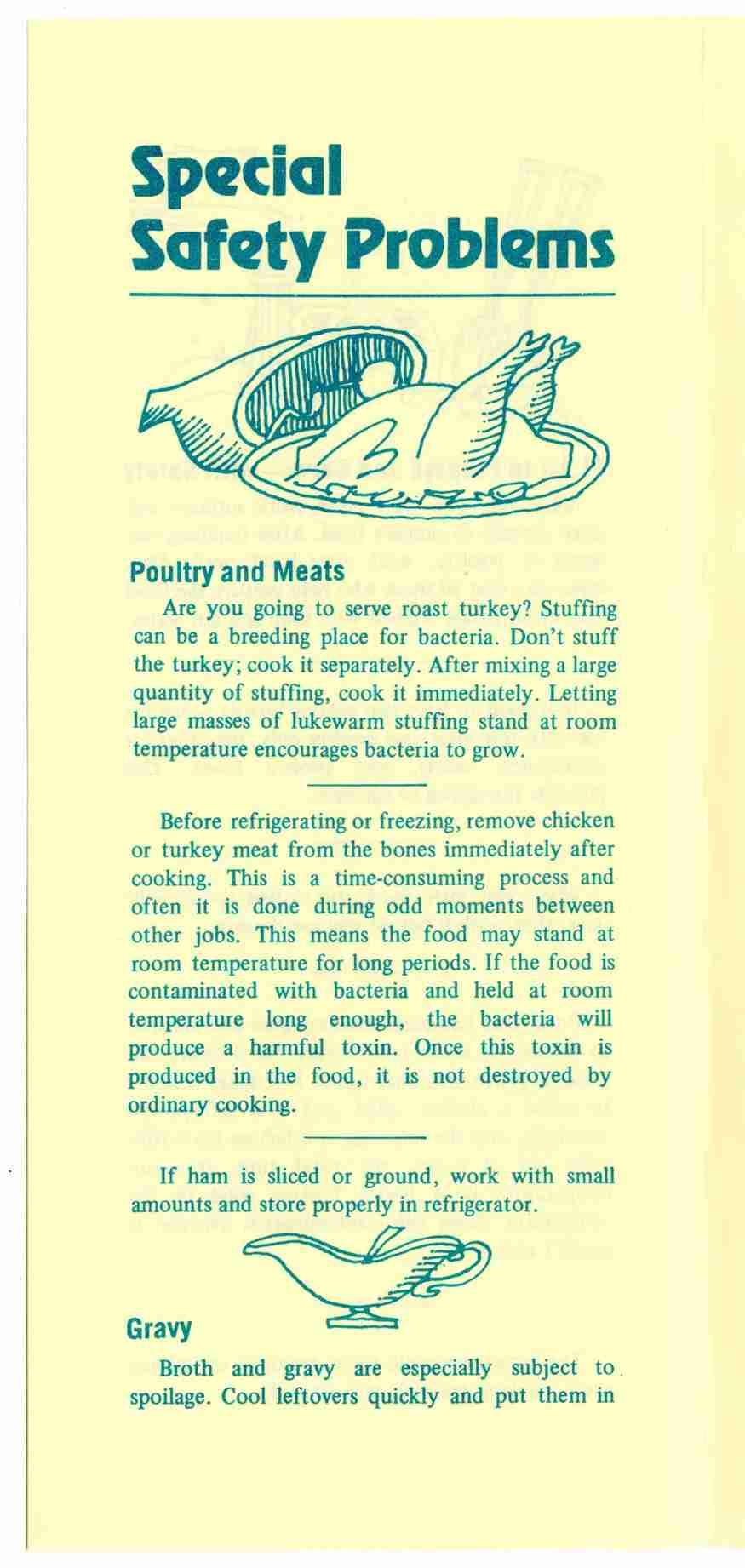 Special Safety Problems Poultry and Meats Are you going to serve roast turkey? Stuffing can be a breeding place for bacteria. Don t stuff the turkey; cook it separately.