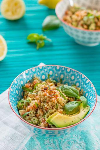 Savory Quinoa Salad with Tomato and Avocado A tasty combination of wholesome ingredients makes this dish a summer favorite.