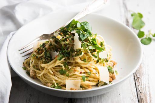 Savory Garlic Butter White Wine Pasta with Fresh Herbs Made with a delicious sauce, fresh herbs, breadcrumbs, lemon and cheese.