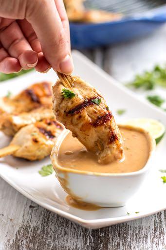 Savory Chicken Skewers with Satay Style Peanut Sauce Simple and easy to whip up, these skewers are done in less than 20 minutes!