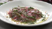Tuna Crudo Yields 2 Servings Ingredients 10.5 oz. Salmon 1 tsp. Coarse sea salt or kosher salt 1-2 medium shallots, finely diced, about 1/4 cup 2 tsp. Capers, drained well and chopped 1/4 tsp.