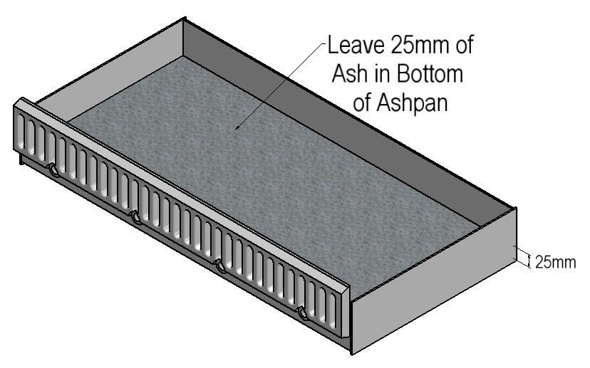 It is recommended that a bed of ash be left in the bottom of the tray (say 25mm) after cleaning as this aids with stable burning.