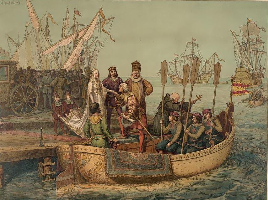 picture illustrates Columbus about to set sail on his voyage to India. Who's hand is Columbus kissing?