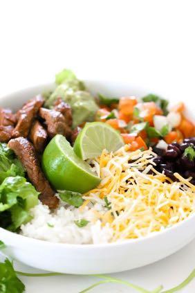 DAY 7 SMALLER FAMILY- STEAK BURRITO BOWL M A I N D I S H Serves: 4 Prep Time: 1 Hour 10 Minutes Cook Time: 10 Minutes 2 pounds flank steak (sliced) 1 teaspoon minced garlic 1/4 cup soy sauce 1/4 cup