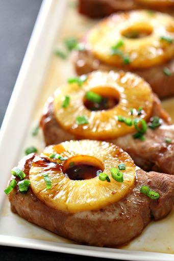 DAY 2 SMALLER FAMILY- BAKED TERIYAKI PINEAPPLE PORK CHOPS M A I N D I S H Serves: 4 Prep Time: 2 Hours 5 Minutes Cook Time: 35 Minutes 4 boneless, skinless pork chops (about 3/4" thick) 6 Tablespoons
