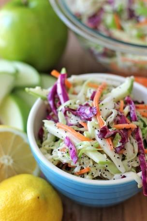 Coleslaw with Apples and Poppy Seeds 2 cups green cabbage (shredded) 1 cup red cabbage (shredded) ½ carrot (shredded) 1 red apple, cored, chopped 1 Granny Smith apple, cored, chopped 2 green onions