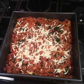 Zucchini Lasagna (Makes 6 Servings) 2 large zucchinis, shredded (about 4 cups) 1/2 tsp sea salt 2 eggs, lightly beaten 1/2 cup grated pecorino Romano cheese 2 cups shredded mozzarella cheese 1 cup