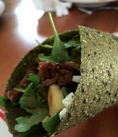 Lunch Wrap Pulled, slow cooked spicy bbq eye of round baby arugula shredded green cabbage 3 oz.