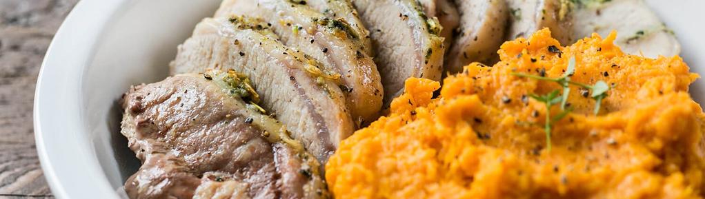 Herbed Pork Roast with Sweet Potato Mash 10 ingredients 1 hour 4 servings 1. Preheat oven to 400 degrees F. 2. Mash together rosemary, thyme, garlic, sea salt and black pepper into a paste. 3.