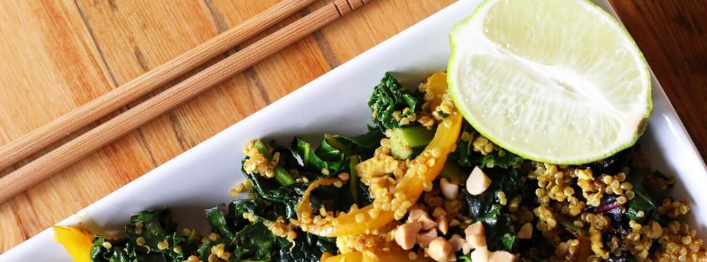 Spicy Curried Kale & Quinoa Stir Fry 14 ingredients 15 minutes 3 servings 1. Combine quinoa and water in a saucepan. Place over high heat and bring to a boil.