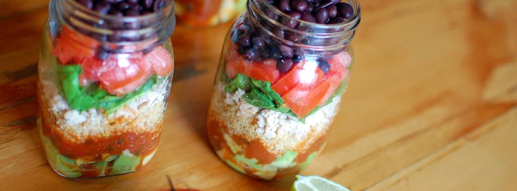 Burrito Bowl Mason Jar 10 ingredients 25 minutes 4 servings 1. Place the quinoa and water in a saucepan. Place over high heat and bring to a boil. Once boiling, reduce heat to a simmer and cover.