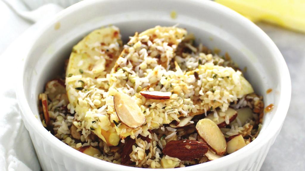 B R E A K F A S T APPLE CINNAMON BAKED OATMEAL YIELDS: 4 SERVINGS PREP TIME: 45 MINUTES 1 cup Rolled Oats 1/4 cup, 1 tbsp Sliced Almonds 1/4 cup, 1 tabsp Hemp Seeds 1/3 cup, 1 tbsp Coconut Flakes 1