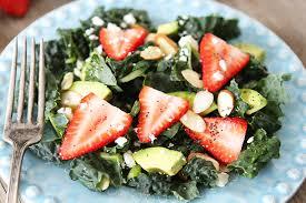 Kale, Strawberry & Avocado Salad with Lemon Poppy Seed Dressing : 4 cups of kale leaves, chopped into bite size pieces, stems removed; can also substitute spinach Pinch of sea salt 1 cup slices