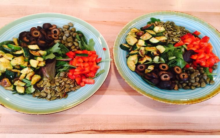 Mixed Greens Salad Kale Red peppers Roasted zucchini Pepitas Olives Capers Dress with olive oil, braggs