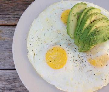 BREAKFAST Avo Eggs [Makes 1 Serving] ½ tablespoon coconut oil 2-3 eggs ½ avocado (sliced) Optional: Season with sea salt and pepper or salsa for added flavor! 1. In a nonstick skillet, over low to medium heat, add the coconut oil.
