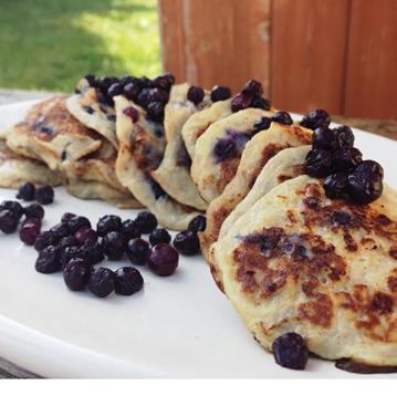 BREAKFAST Banana Pancakes [Makes 4-6 Servings] ½ cup gluten free pancake mix 3 eggs 2 ripe bananas (mashed) ¼-½ cup blueberries 1 tablespoon butter (softened) Optional: May substitute coconut oil for