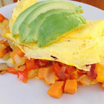 Country Omelet [Makes 1 Serving] With Sweet Potato Hash Sauté [Makes 2-4 Servings] BREAKFAST ½ tablespoon coconut oil 2-3 eggs ½ -1 cup sweet potato hash sauté 1 oz.