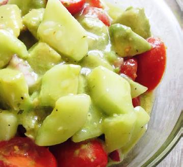 SALADS Cucumber Salad [Makes 4-6 Servings] 2-3 cucumbers (sliced and quartered) 2-3 avocados (sliced) 2 limes ¼-½ red onion (chopped) 1 cup+ cherry tomatoes (halved) 2-4 tablespoons extra virgin