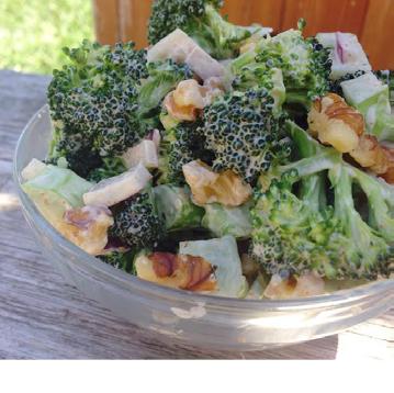 SALADS Spicy Broccoli Salad [Makes 4-6 Servings] 4-5 cups of broccoli (chopped) ¼-½ cup red onion (chopped) ½ cup walnuts (pieces) ¼ cup mayo 1 teaspoon cayenne pepper ½ teaspoon sea salt 1-2