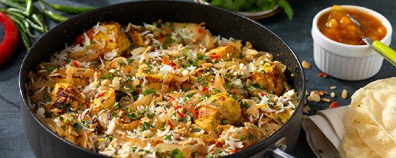 Chicken Biryani Sunday 23rd July 00:0:00 00:0:00 A popular Indian dish of juicy chicken marinated in warm spices.