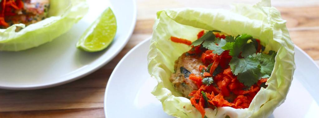 Thai Turkey Burgers with Almond Carrot Slaw 12 ingredients 30 minutes 4 servings 1. In a large bowl, combine the turkey, green onion, cilantro, basil, garlic, and ginger.