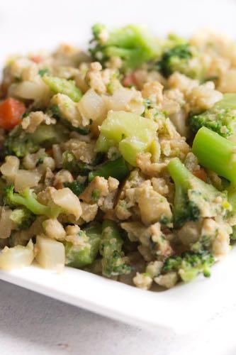 HEALTHY PLAN - CAULIFLOWER FRIED RICE S I D E D I S H Serves: 8 Prep Time: Cook Time: 10 Minutes Calories: 201 Fat: 13.7 Carbohydrates: 14.4 Protein: 8.4 Fiber: 2.8 Saturated Fat: 2.