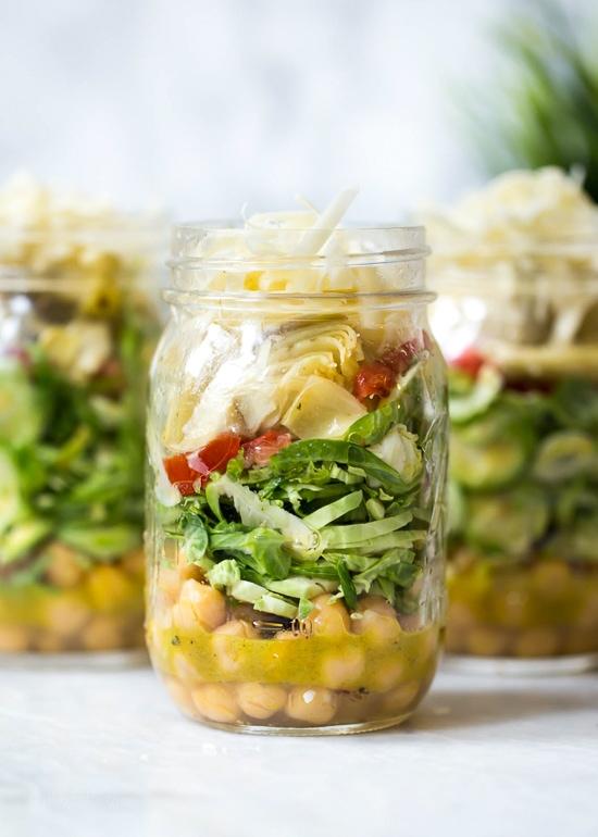 LUNCH Brussels and Chickpea Salad in a Jar with Artichokes Nutritional Information Yield: 3 Servings, Serving Size: 1 jar Amount Per Serving: Calories: 335 calories Total Fat: 16g Saturated Fat: 4g