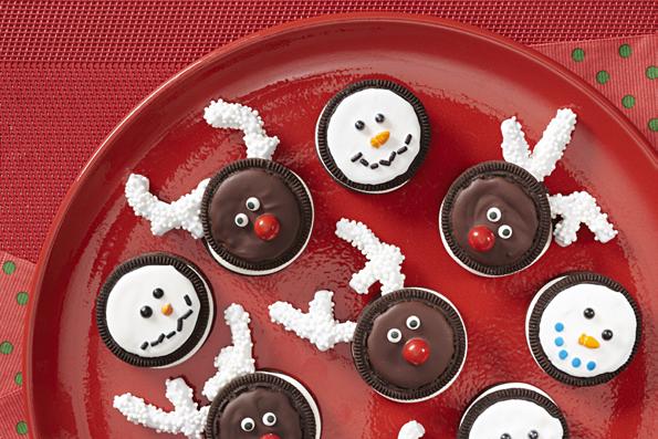 OREO Reindeer And Snowmen Prep Time: 15 min Total Time: 45 min Servings: 12 12 OREO Cookies 8 miniature pretzel twists, each broken into 3 pieces 2 oz. white candy coating wafers, melted 2 Tbsp.