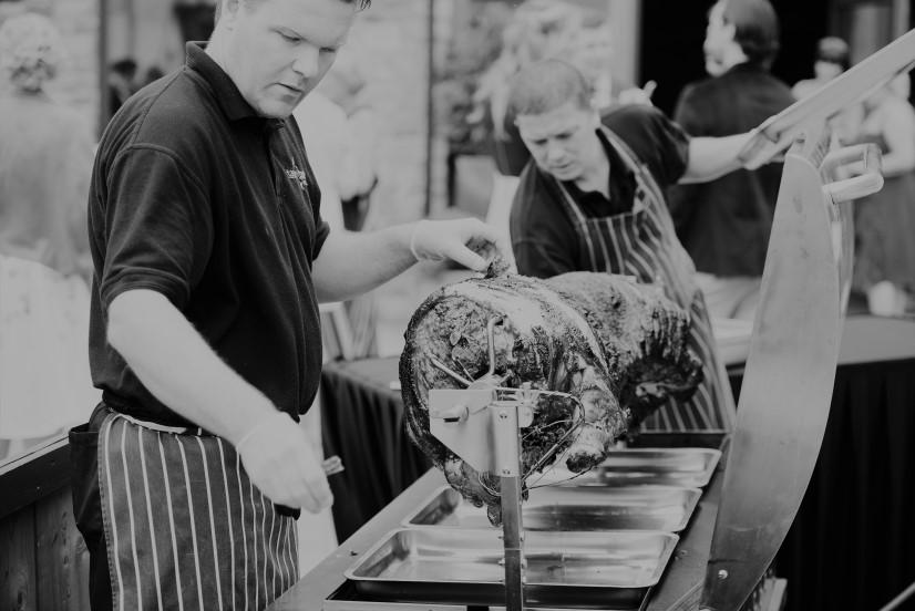 HOG ROAST MENU - Minimum number 80 guests Whole hog freshly prepared and carved on site SALADS New potato, fresh mint & spring onion salad with a light mayonnaise dressing Mixed herb leaf salad with