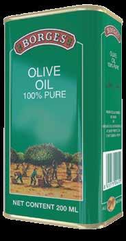Pure Olive Oil is available in the following varieties: BORGES 100% PURE OLIVE OIL 100% Pure Olive Oil (Tin) : It is recommended for body massage Olive Massage Oil (Glass bottle) : It is recommended