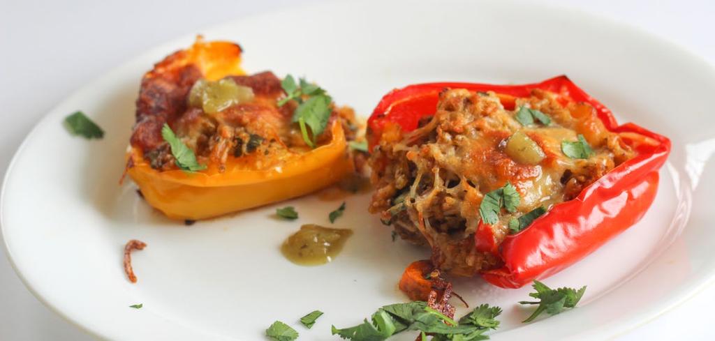 ENTREE Spicy + Cheesy Chicken Stuffed Peppers *Recipe makes 4 servings 4 large orange, red, or yellow bell peppers, halved and seeded 2 cups prepared rice 1 ½ cups shredded rotisserie or cooked