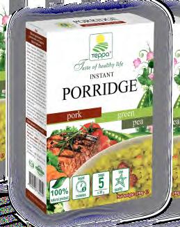 INSTANT YELLOW PEA PORRIDGE WITH PORK Ingredients: yellow pea flakes, salt, powdered cream, pieces of dried pork, ground dried onions, pieces of dried vegetables (onions, carrots, parsley, dill);