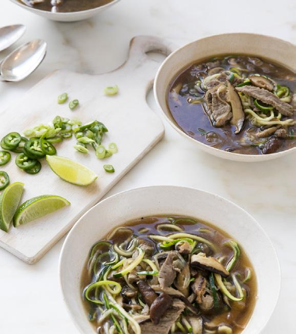ASIAN BEEF ZOODLE SOUP This Whole30 take on Vietnamese pho subs in zucchini noodles for the classic rice noodles but features the same flavorful ginger-garlic beef broth and toppings Thai basil,