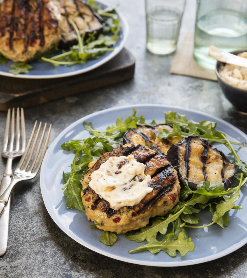 PIQUILLO PEPPER CHICKEN PATTIES ON GRILLED EGGPLANT WITH CARAMELIZED FENNEL MAYO Spanish piquillo peppers are sweet, with very little to no heat, but they take on a wonderfully smoky flavor when they