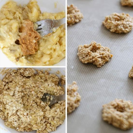 Peanut Butter Banana Oatmeal Cookies 2 medium ripe bananas, mashed 1 cup of uncooked quick oats 2 tbsp creamy or chunky peanut butter Preheat oven to 350 F.