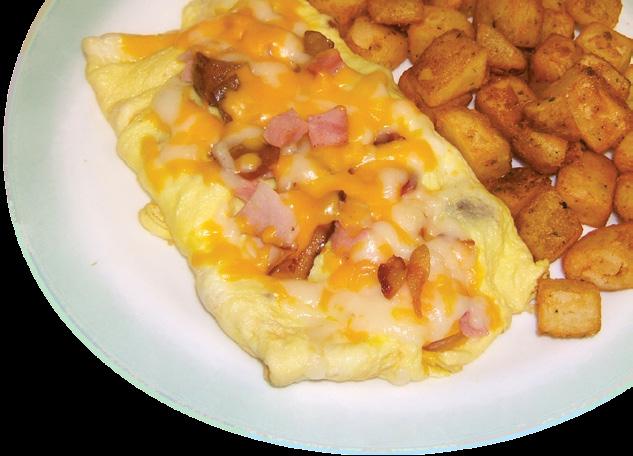 OMELETTES All omelettes are prepared with 3 fresh eggs (unless otherwise noted) and served with your choice of 2 pancakes or 2 potato pancakes or fruit cup or (toast and hashbrowns) Denver A