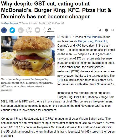 Title Web portal Why despite GST cut, eating out at McDonald s, Burger King, KFC, Pizza Hut & Domino's has not become cheaper The Economic Times Date 06/12/2017 https://economictimes.indiatimes.