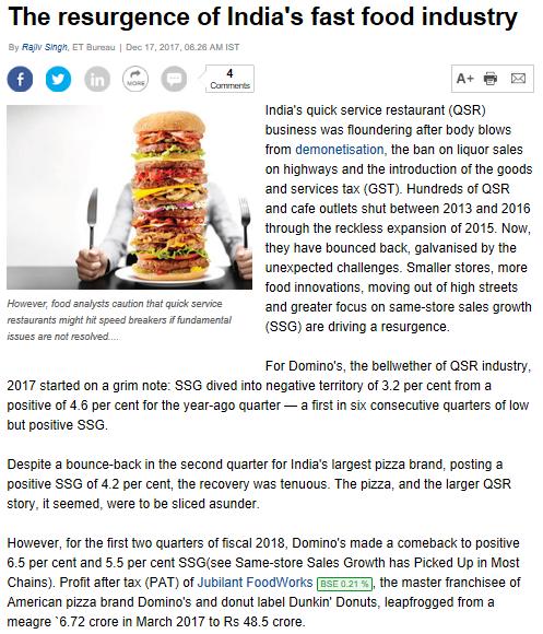 Title Web portal The resurgence of India's fast food industry The Economic Times Date 17/12/2017 https://economictimes.indiatimes.