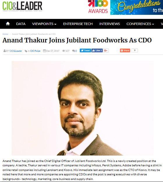 Title Web portal Anand Thakur Joins Jubilant Foodworks As CDO CIO & Leader.com Date 27/12/2017 http://www.cioandleader.