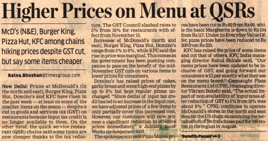 Title Higher Prices on Menu at QSRs