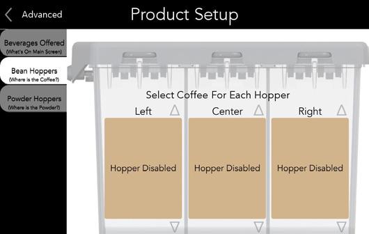 Bean Hoppers Setup. Next, select the Product Setup icon to enable and setup the hoppers.