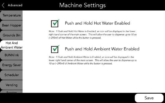 Hot and Ambient Water MACHINE SETTINGS (Continued).