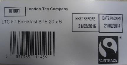 Photograph of outer case label Label for example only Ingredients (UK) Best Before End Black tea See label Unit Barcode EAN 13 503765191451 Outer Barcode EAN 128-05037365111459 Minimum print size for